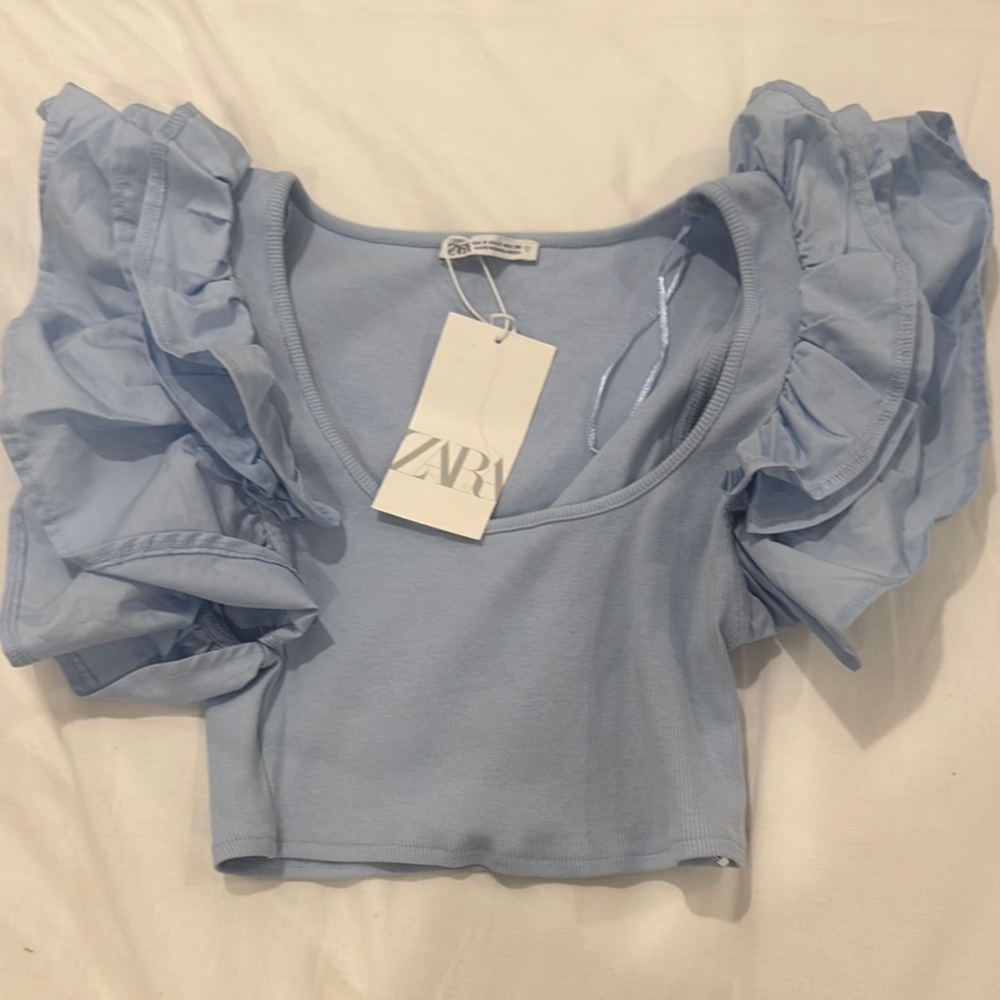 Zara Blue Puff Sleeve Crop Blouse